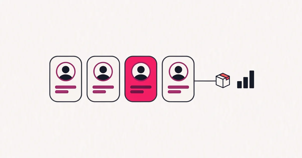 Ilustração de uma fileira de cartões de perfil ligados por uma linha a uma caixa de envio e a um gráfico, com um dos cartões destacado em rosa