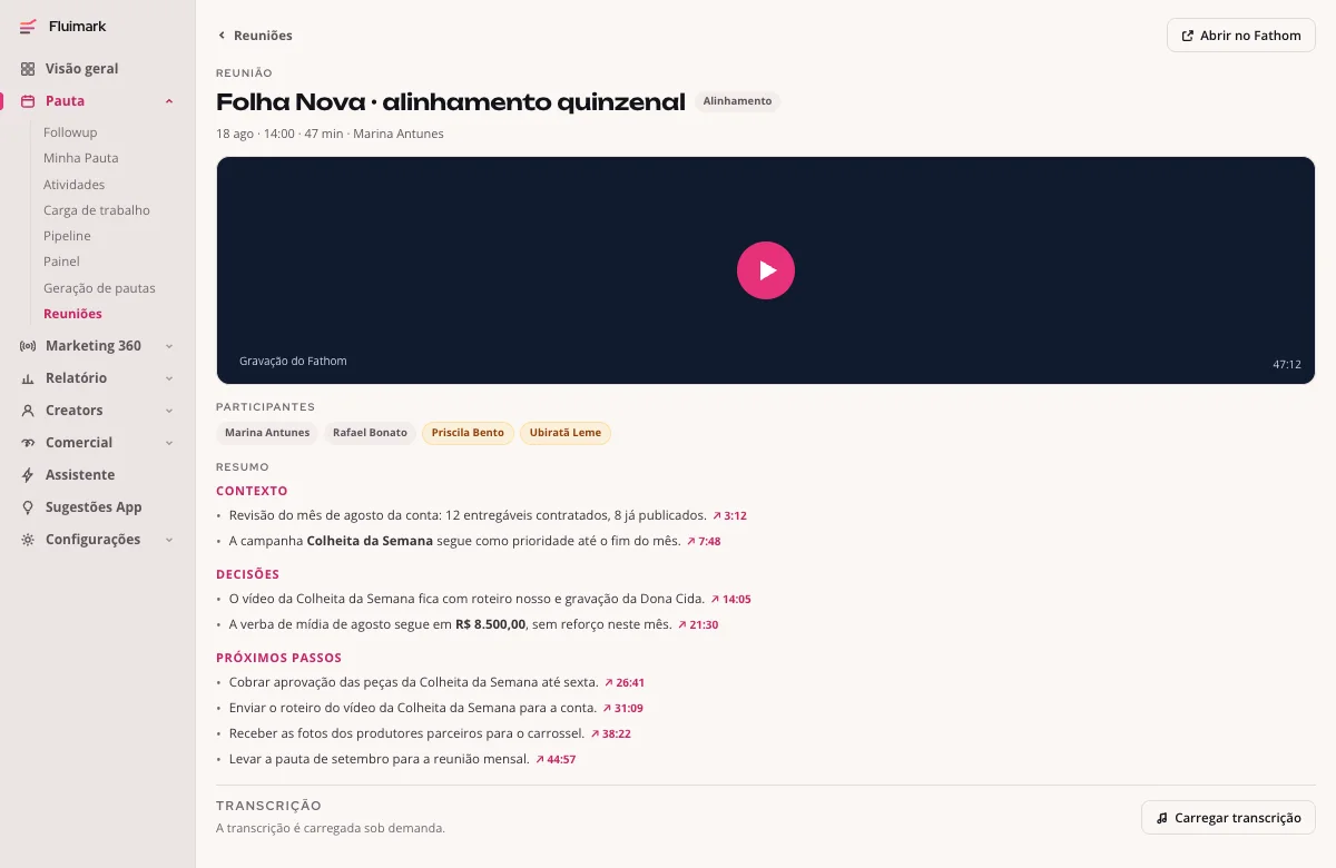 Página de uma reunião gravada na Fluimark, com o player, os participantes e o resumo em contexto, decisões e próximos passos