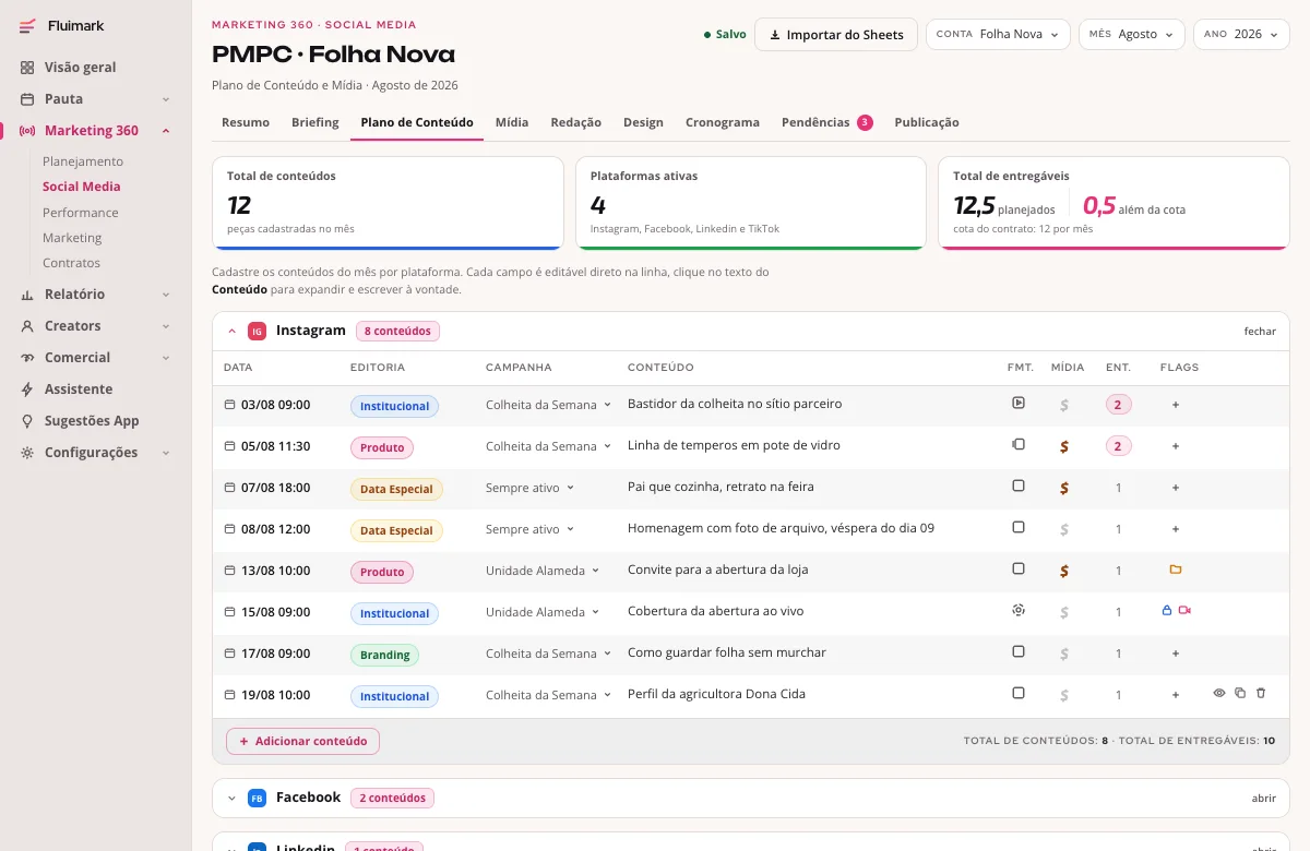 Plano de Conteúdo da Fluimark com as peças do mês por rede, formato, campanha e o contador de entregáveis ao lado do volume contratado