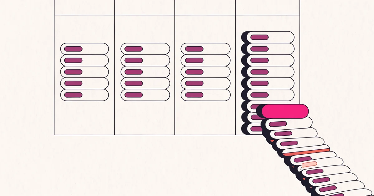 Ilustração de um quadro kanban com quatro colunas, em que a última transborda cartões para fora da moldura, com um cartão em rosa
